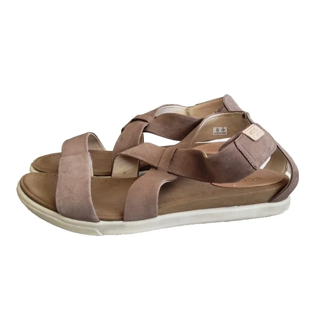 ECCO Sandals Womens Sz 8.5 Damara Casual Cross Strap Slip On Flats Brown Leather